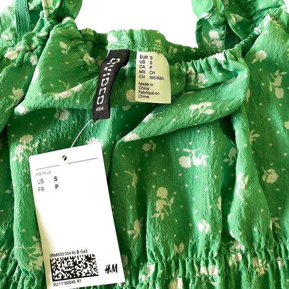 H&M Green White Floral Sleeveless Peplum Shirred Tank Top Blouse Size Small - Picture 3 of 4